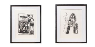 two black and white drawings of a man and a woman in front of a window