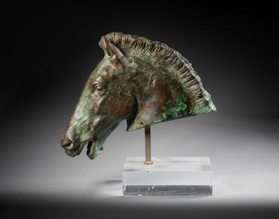 bronze head of a horse on a marble base