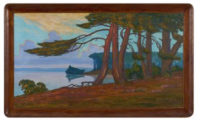 une peinture à l'huile représentant un bateau sur un lac entouré d'arbres