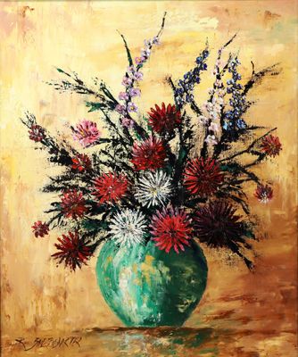 un tableau représentant un vase vert contenant des fleurs