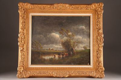 a painting of cows in a field with a tree in the background