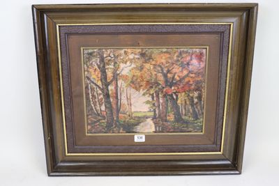 peinture représentant un sentier dans les bois, avec des arbres et des feuilles