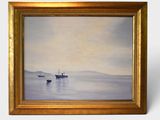 an oil painting of two boats floating in the water on a foggy day