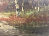 an oil painting of a stream running through a forest filled with trees
