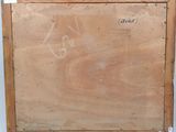 an image of a painting of a wooden box with writing on it