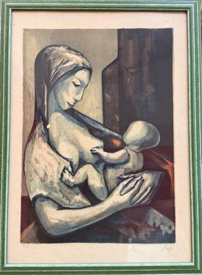 tableau représentant une femme tenant un bébé dans ses bras, dans un cadre vert