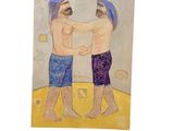 a painting of two men fighting each other on the beach