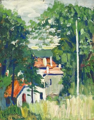 une peinture à l'huile représentant une maison dans un champ avec des arbres en arrière-plan