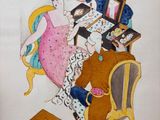 a drawing of a woman sitting at a desk with a teddy bear