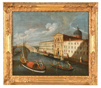 an old painting of boats on a river with buildings in the background