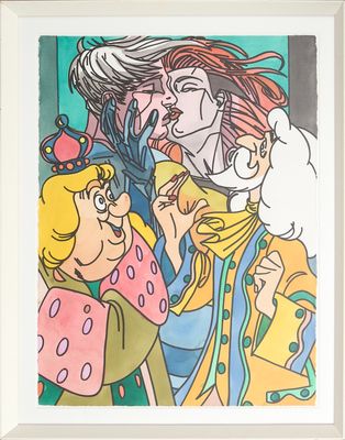 tableau représentant un groupe de personnages de dessins animés, dans un cadre blanc