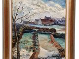 un tableau représentant un paysage avec une maison et une rivière