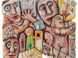 un tableau représentant un groupe de personnes avec un téléphone portable
