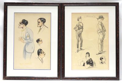 two framed drawings of a man and a woman sitting on a bench