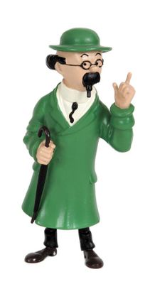a figurine of a man in a green coat and hat holding a cane
