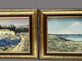 deux tableaux encadrés représentant une scène de plage avec des arbres et un plan d'eau