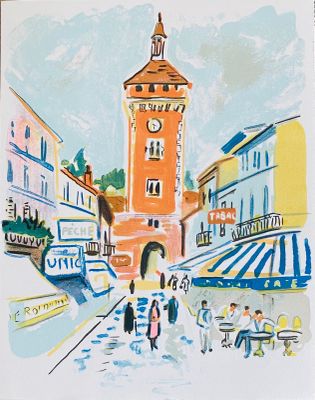 une peinture représentant une tour horloge au cœur d'une ville