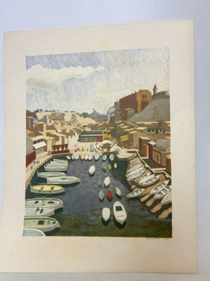 a picture of a painting of boats in a harbor