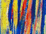un tableau représentant un groupe d'arbres jaunes, bleus, rouges et verts