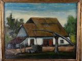 an oil painting of a house with a thatched roof in a gold frame
