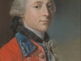 portrait d'un homme vêtu d'un manteau rouge à col bleu