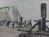 une peinture représentant un groupe de personnes sur la plage