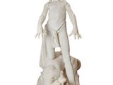 statue of a boy on a rock with a dog on a white background