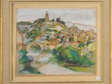 une image d'un tableau représentant un village sur une colline