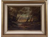 a painting of a landscape with trees and a river in the foreground