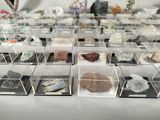 many different kinds of rocks in a display case