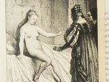 a drawing of a naked woman in a bed next to a woman in a black dress