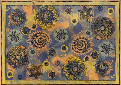 une image représentant un tableau avec un motif floral bleu et jaune