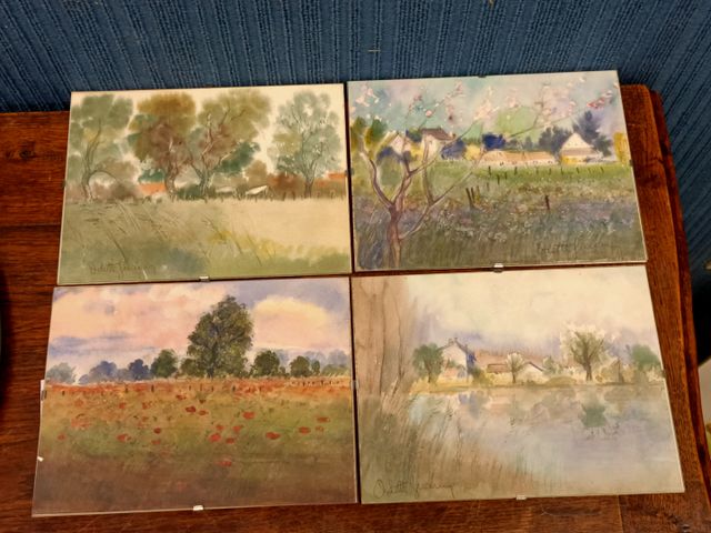 Odette GUERRIN (XXème) : ensemble de 4 aquarelles « paysage ». Si