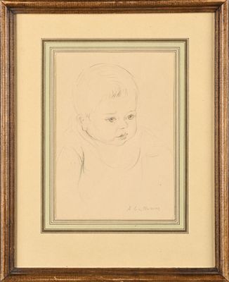 a drawing of a baby ' s head in a wooden frame