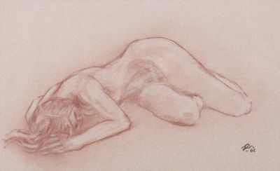 drawing of a nude woman laying on her back on a beige surface