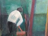 an oil painting of a man sitting on a bench in a park