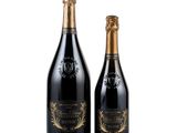 two bottles of champagne, one black and one gold, on a white background
