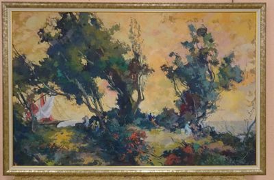 painting of a landscape with trees and a house in the distance