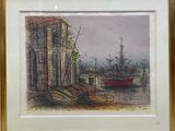 painting of a harbor scene with boats and a building in the background