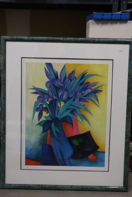 a picture of a painting of flowers in a vase on a table