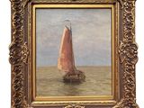 an oil painting of a sailboat in the water with a red sail
