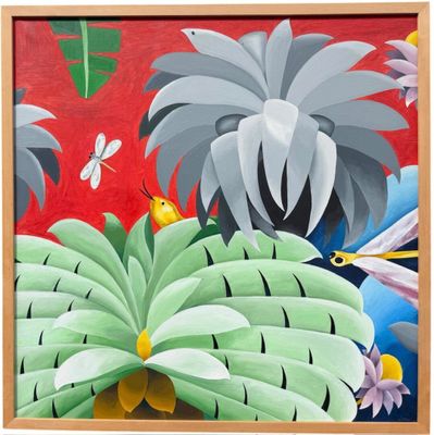 un tableau représentant un oiseau perché sur un palmier