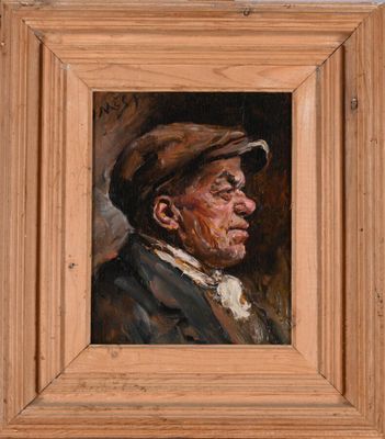 une peinture à l'huile représentant un homme coiffé d'un chapeau, dans un cadre en bois