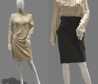 two mannequins dressed in different styles of clothing on a mannequin