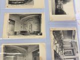 several old black and white photos of a dining room and a living room