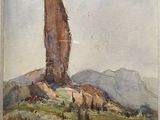 an image of a painting of a tall rock in the middle of a field