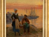 an oil painting of a woman and a child sitting on a rock by a body of water