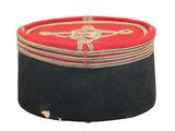 a red and black hat with a skull and crossbone on it