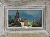 une image représentant une peinture d'une maison dans un paysage montagneux