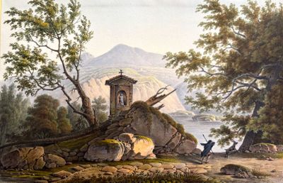 un tableau représentant un paysage de montagne avec un homme et un chien